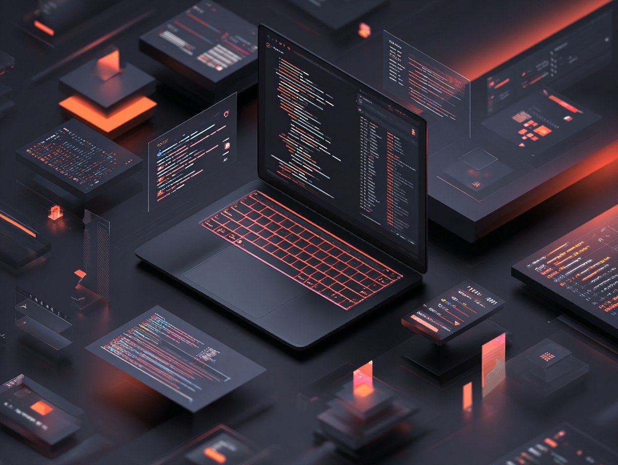 Modern laptop with glowing keyboard on a dark surface with digital elements