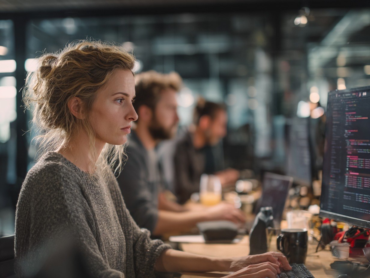 Woman working on a computer in a busy office setting