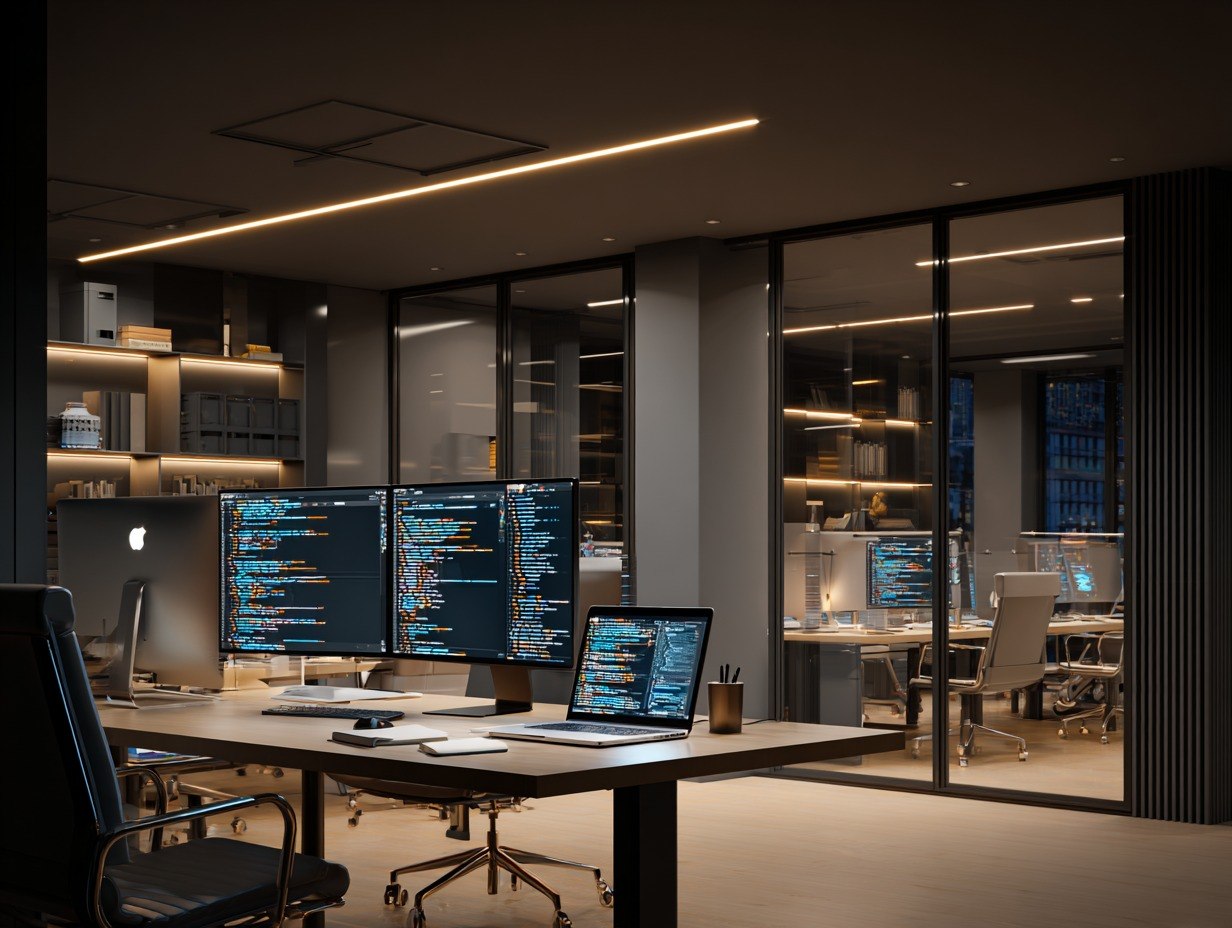 Modern office space with multiple desks, computers, and a glass wall.