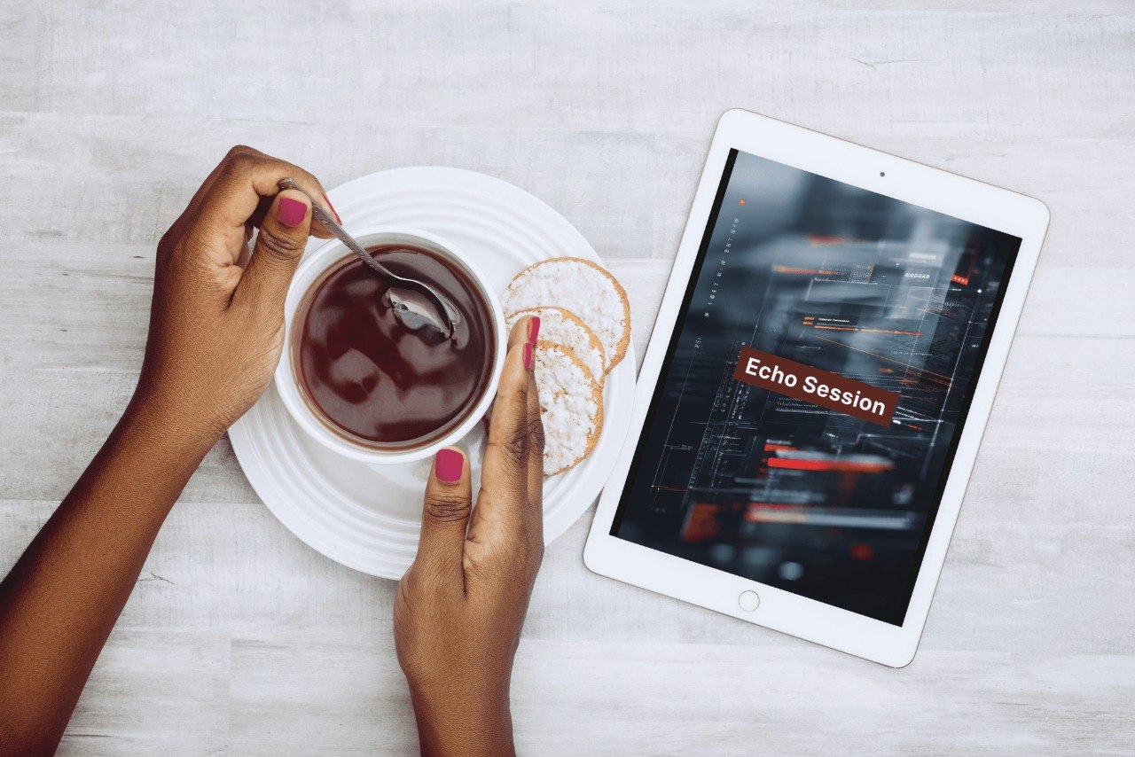 Person holding a cup of coffee with a tablet displaying a 'Pulse Guide' on a light surface.