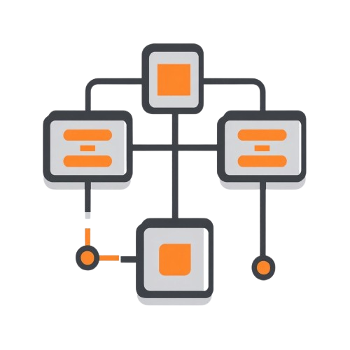 Network diagram with interconnected squares and orange squares on a white background