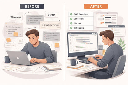 Illustration of a person working on a computer with text labels 'Before' and 'After' on a white background.