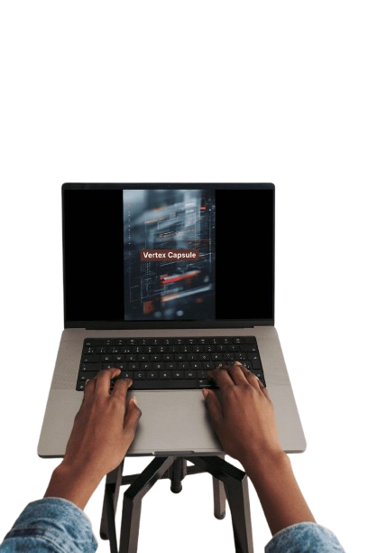 Person using a laptop with 'Vertex Capsule' displayed on the screen