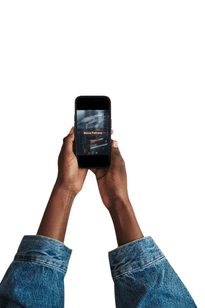 Person holding a smartphone with a white background