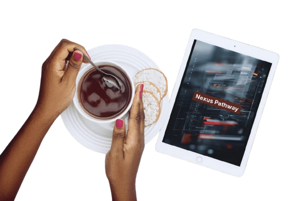 Person holding a cup of coffee with a tablet displaying 'Nexus Pathway' on a white background