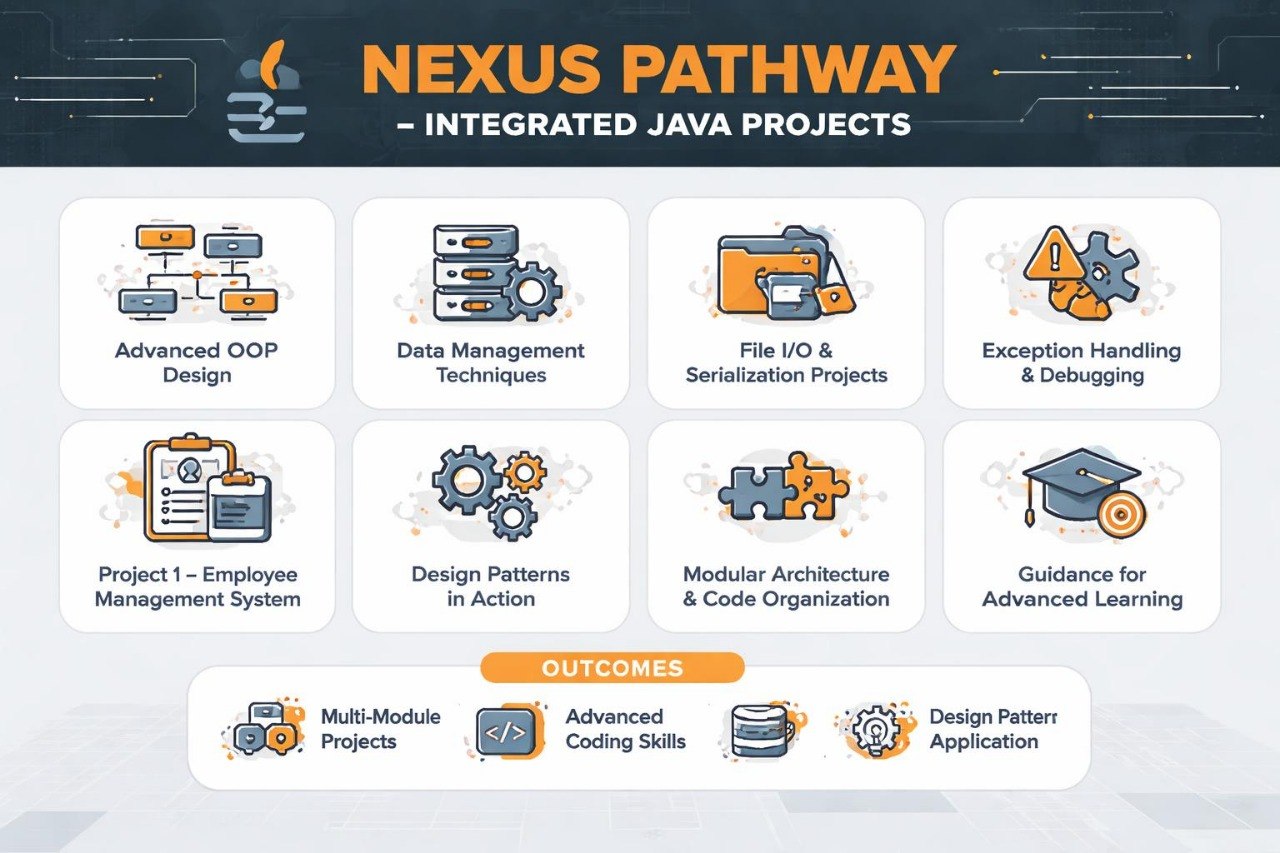 Nexus Pathway Integrated Java Projects with various project categories on a blue background