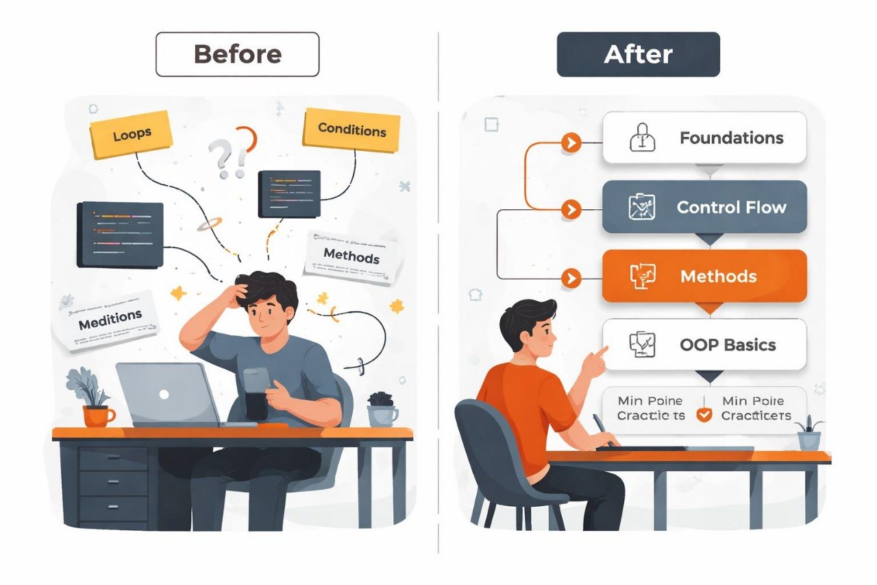 Before and after comparison of a person working on a computer with educational content displayed.