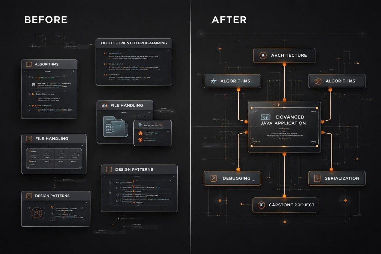 Before and after comparison of software development course modules on a dark background.